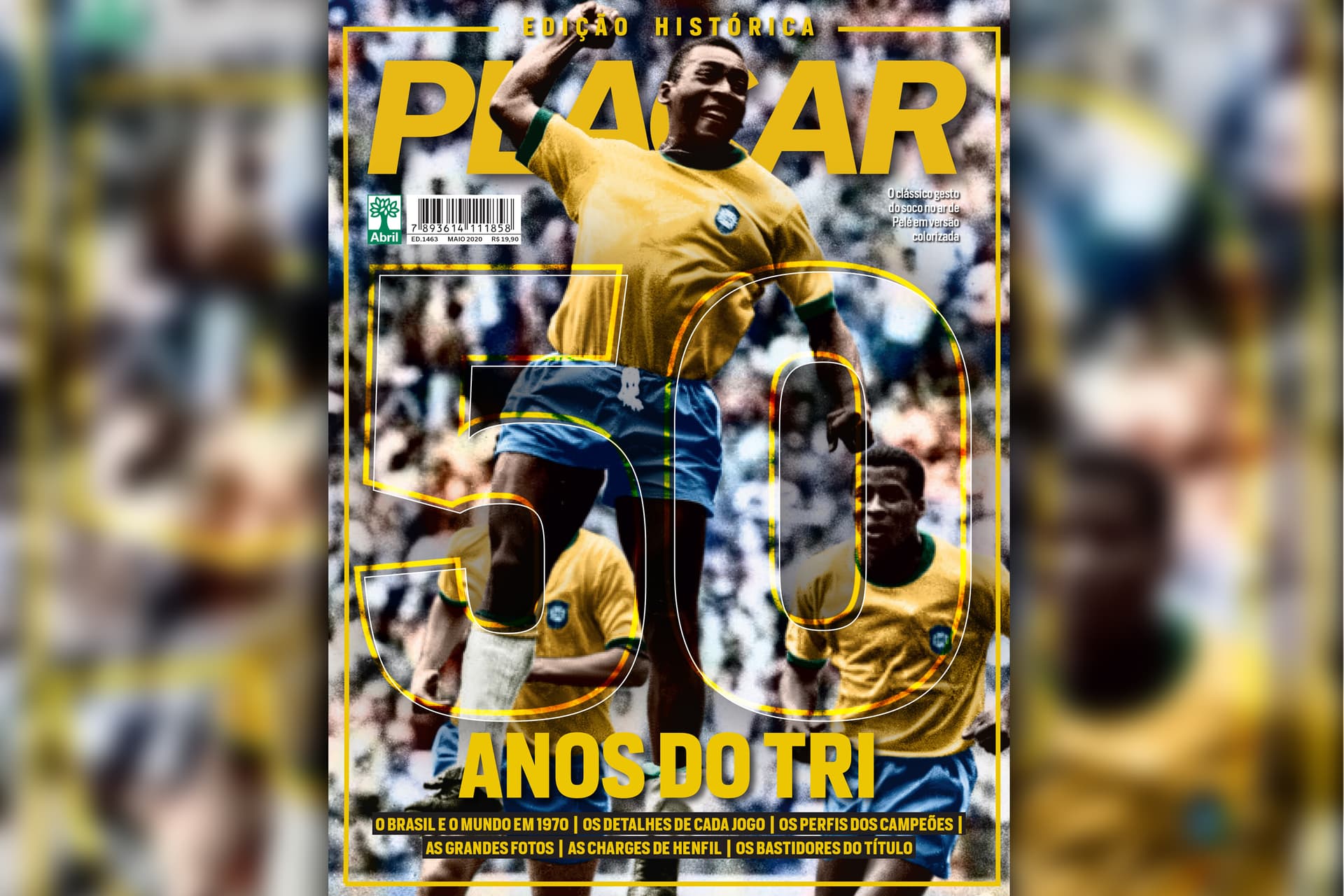 O clássico gesto do soco no ar de Pelé, registrado pelo fotógrafo Lemyr Martins, em versão colorizada