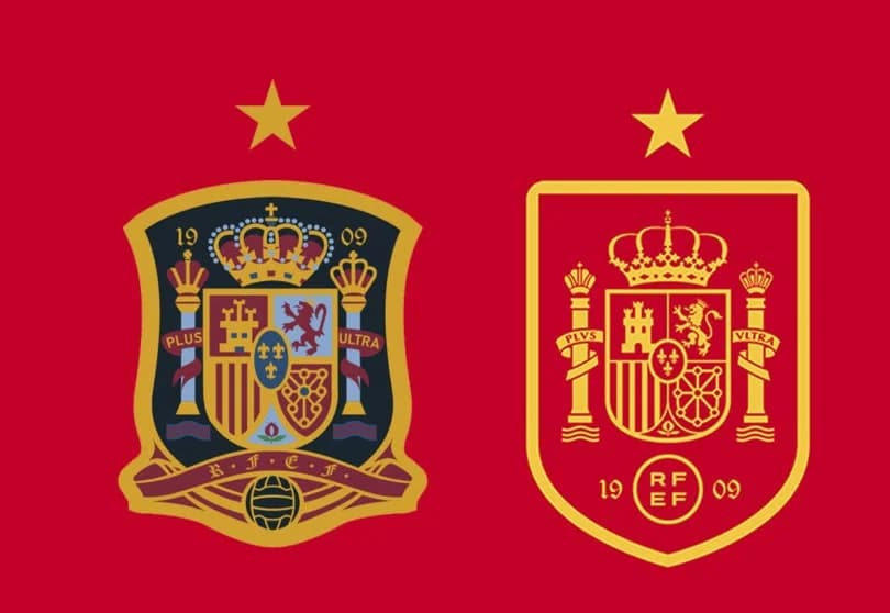 Escudos antigo e atual da seleção da Espanha