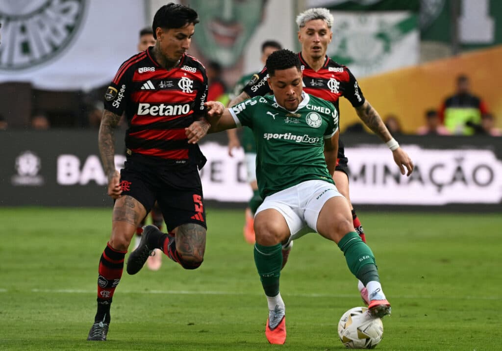 Flamengo e Palmeiras em ação na final da Copa Libertadores - Luis ACOSTA / AFP