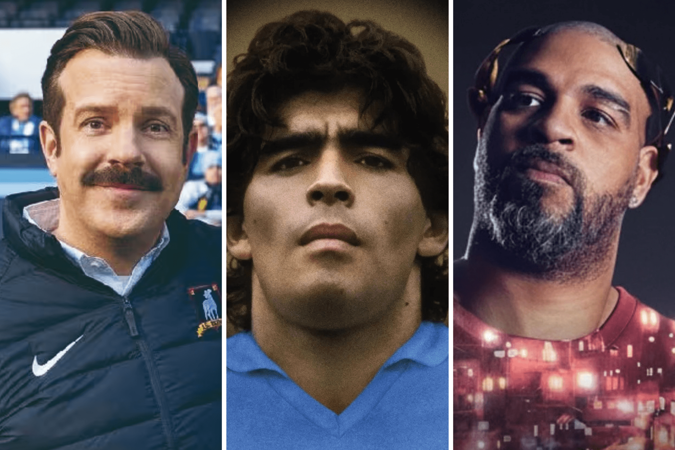 Ted Lasso, Diego Maradona e Adriano Imperador integram lista de bons filmes e séries sobre futebol - Montagem sobre Divulgação