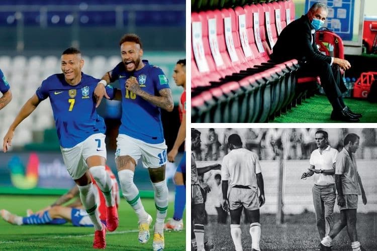 PRESENTE E PASSADO - Em campo: Neymar (à esq.), Tite (no alto) e João Saldanha: caneladas políticas -