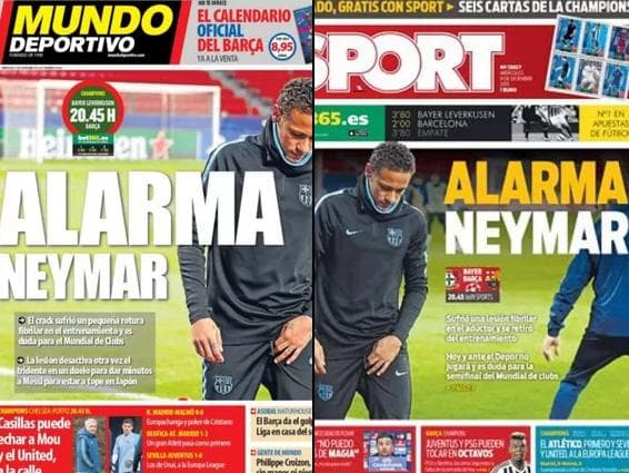 Jornais catalães Sport e Mundo Deportivo estampam mesma manchete sobre lesão de Neymar