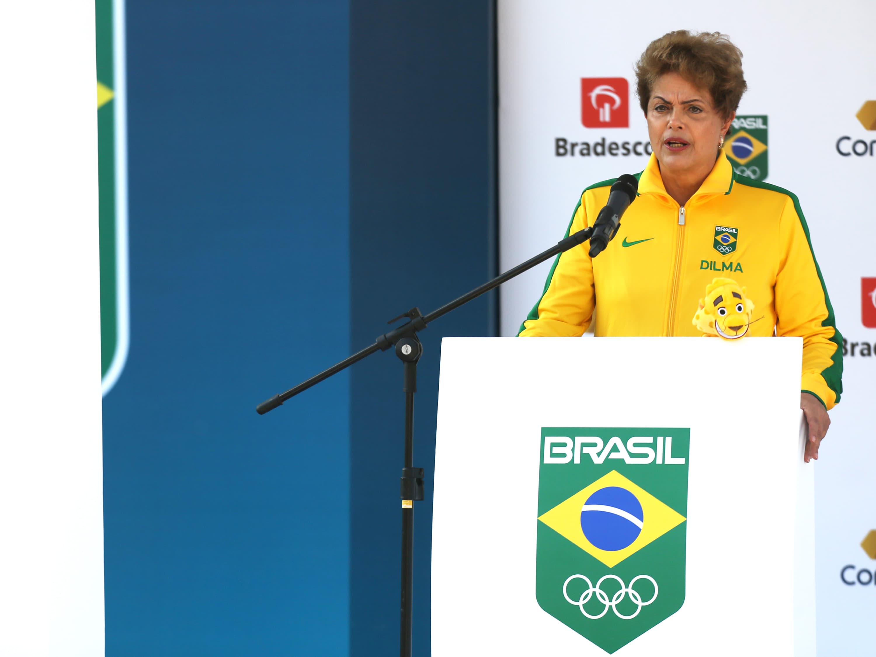 A presidente Dilma Rousseff fala durante apresentação da mascote do Time Brasil para os Jogos Olímpicos de 2016, no Rio de Janeiro