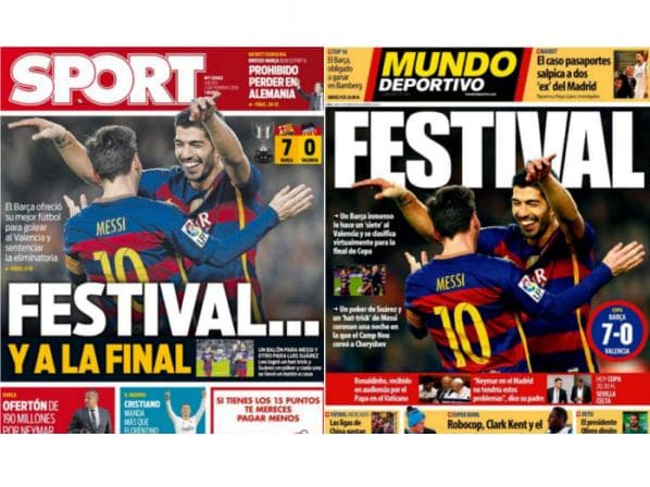Principais jornais da Catalunha estamparam a foto de Suárez e Messi com a chamada "Festival"