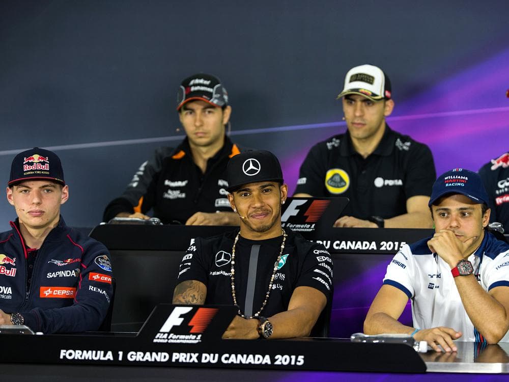 Max Verstappen (à esq.) e Felipe Massa (á dir.) durante coletiva antes do GP de Montreal de Fórmula 1