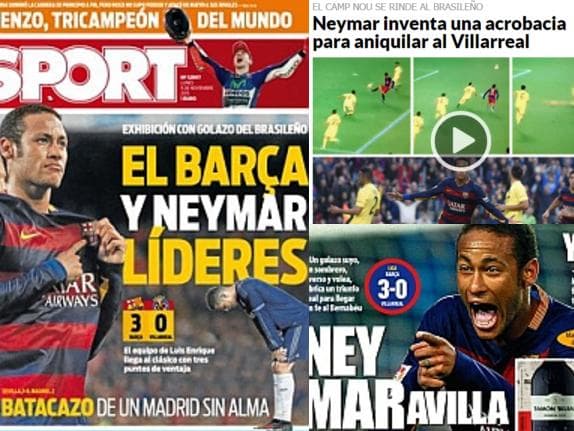 Jornais espanhóis destacaram o golaço de Neymar contra o Villarreal no Camp Nou