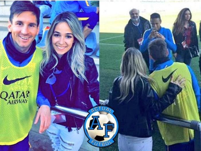 Montagem mostra Neymar tirando foto de Lionel Messi com uma fã no CT do Barcelona