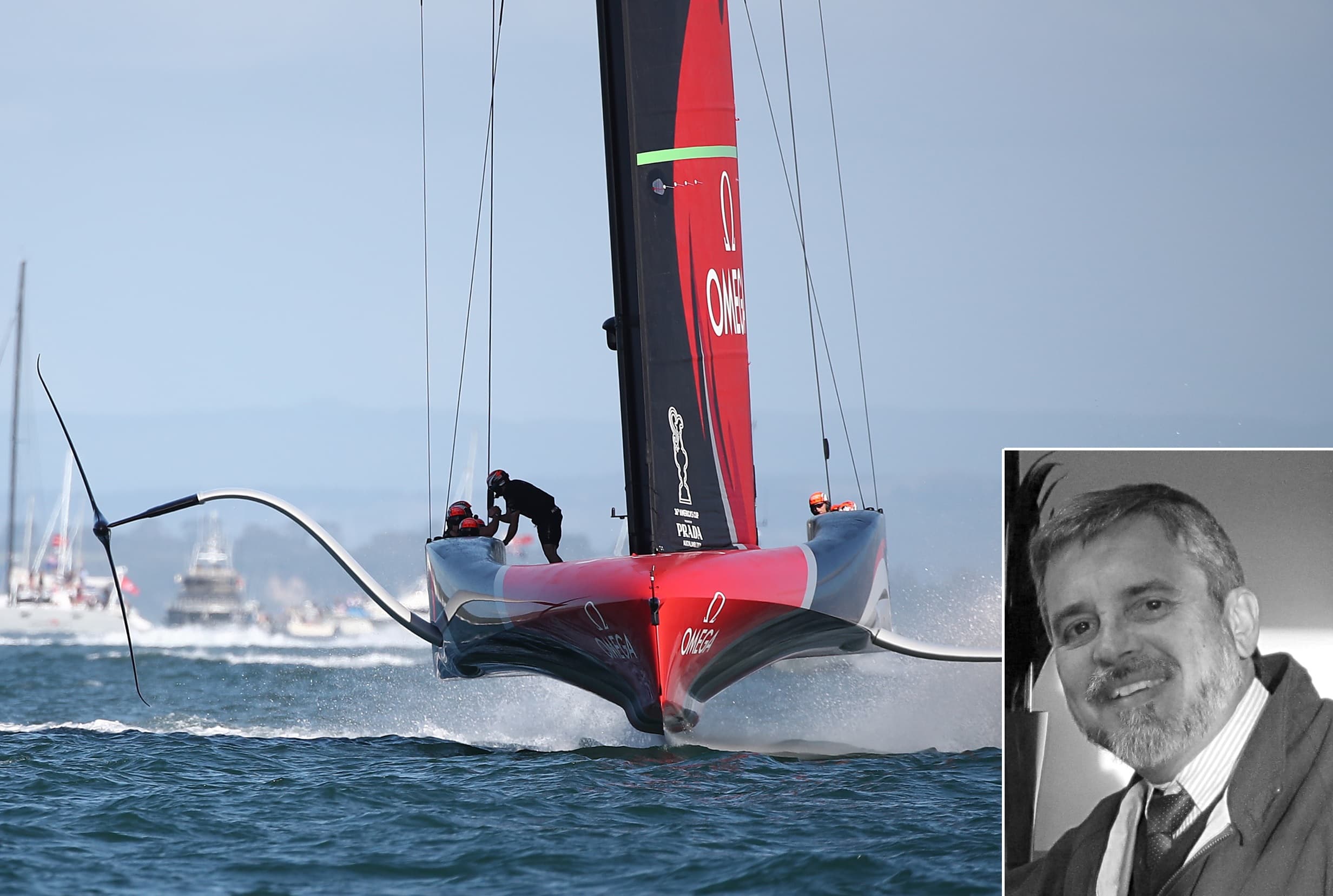 O AC75 com o qual o Emirates Team Nw Zealand conquistou a America's Cup e o engenheiro Manoel Chaves