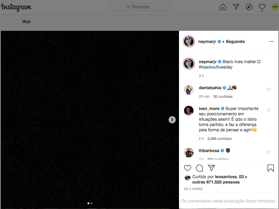 A postagem de Neymar no Instagram