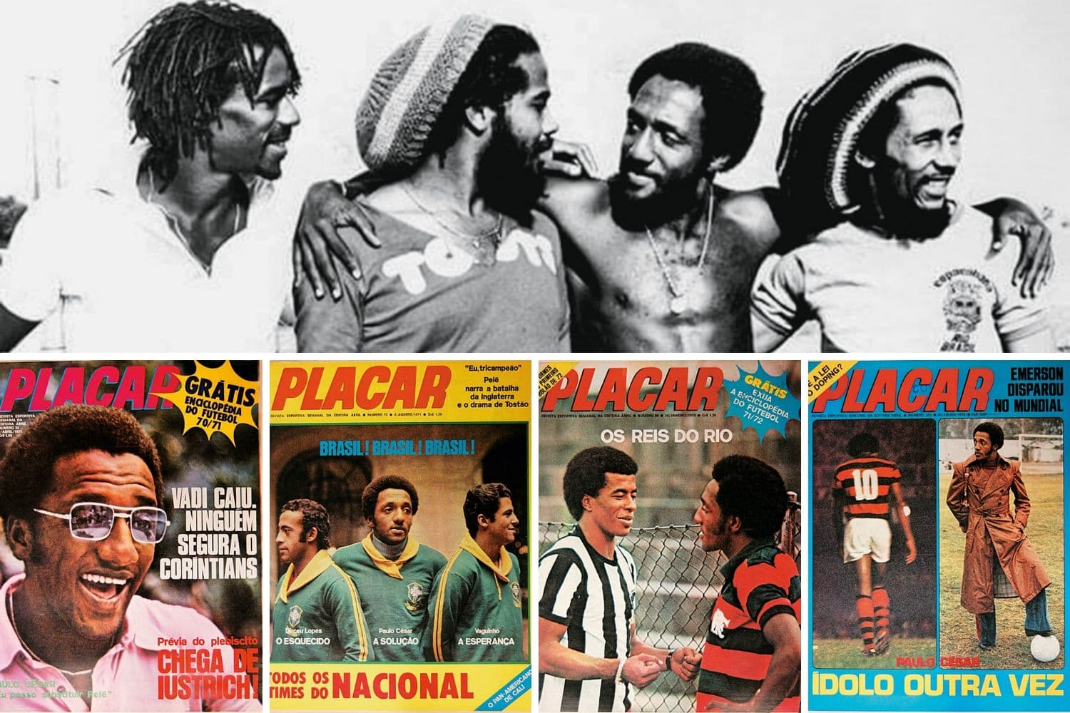 O craque com
a banda de Bob Marley, em 1980, no Rio de Janeiro; e algumas de suas capas em PLACAR: o hábito de sempre enxergar o que os outros não veem