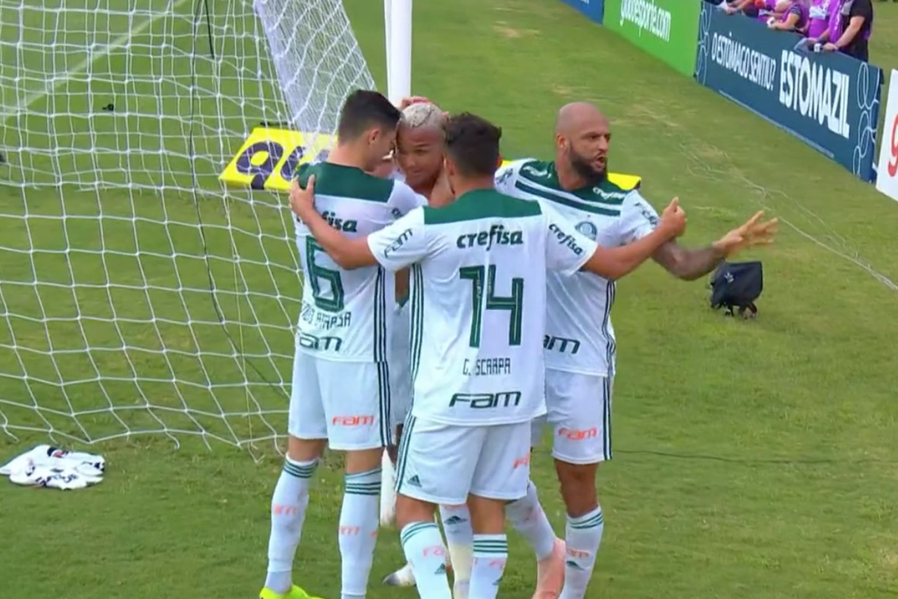 Jogadores do Palmeiras comemoram gol de Deyverson na partida contra o Vasco em São Januário