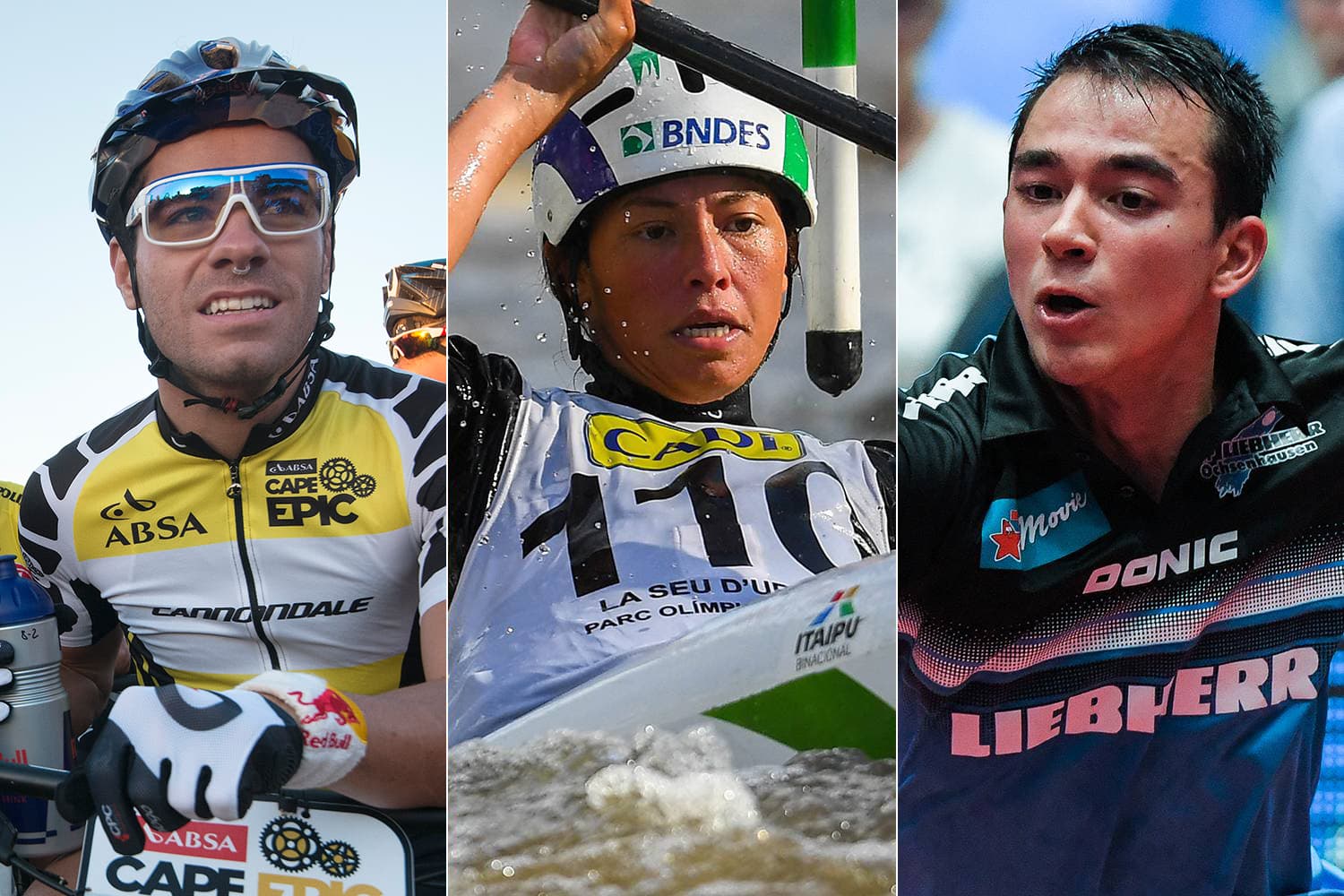 Os atletas Henrique Avancini (ciclismo), Ana Sátila (canoagem) e Hugo Calderano (tênis de mesa)