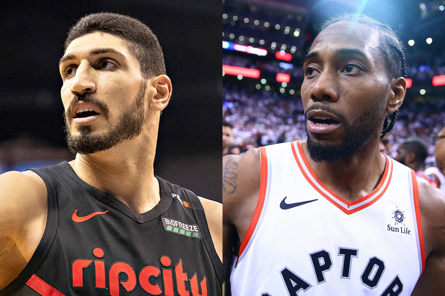 Enes Kanter, do Portland Trail Blazers, e Kawhi Leonard, do Toronto Raptors