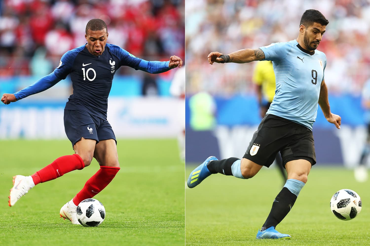 Kylian Mbappé e Luis Suárez, jogadores da França e do Uruguai