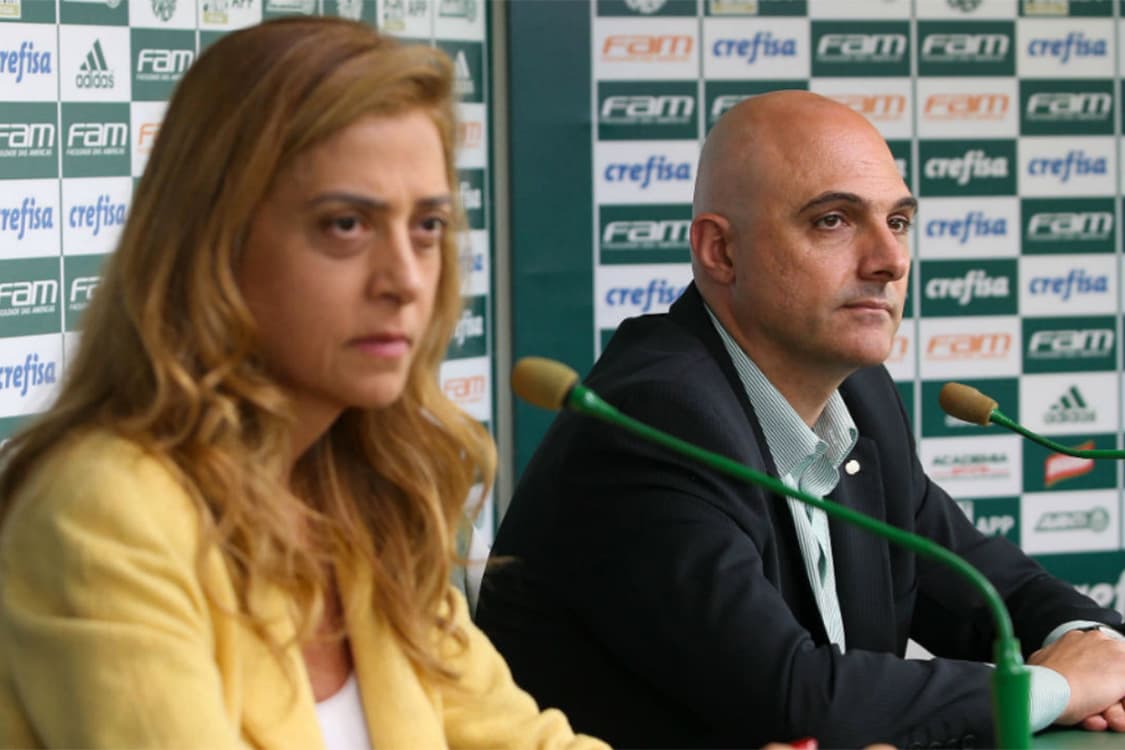 Leila Pereira, presidente da Crefisa, e o presidente do Palmeiras, Mauricio Galiotte