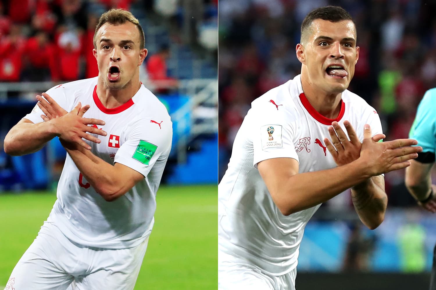 Xherdan Shaqiri e Granit Xhaka, jogadores da Suíça, comemoram gols durante partida contra a Sérvia, válida pela segunda rodada do grupo E da Copa do Mundo - 22/06/2018