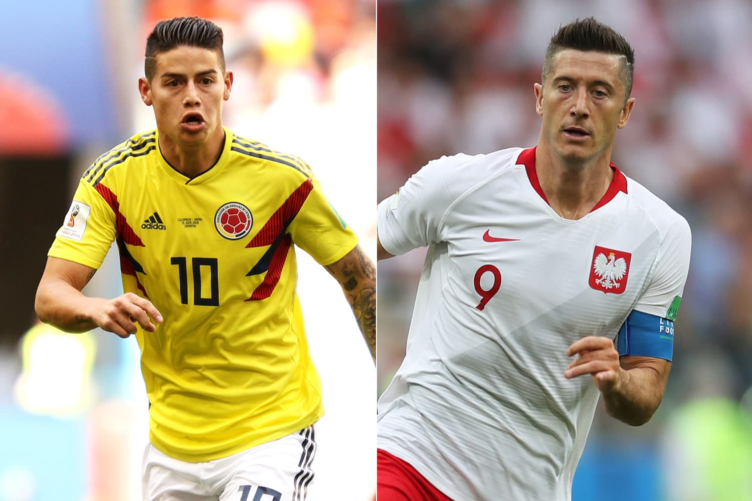 Os jogadores da Colômbia e Polônia: James Rodríguez e Robert Lewandowski
