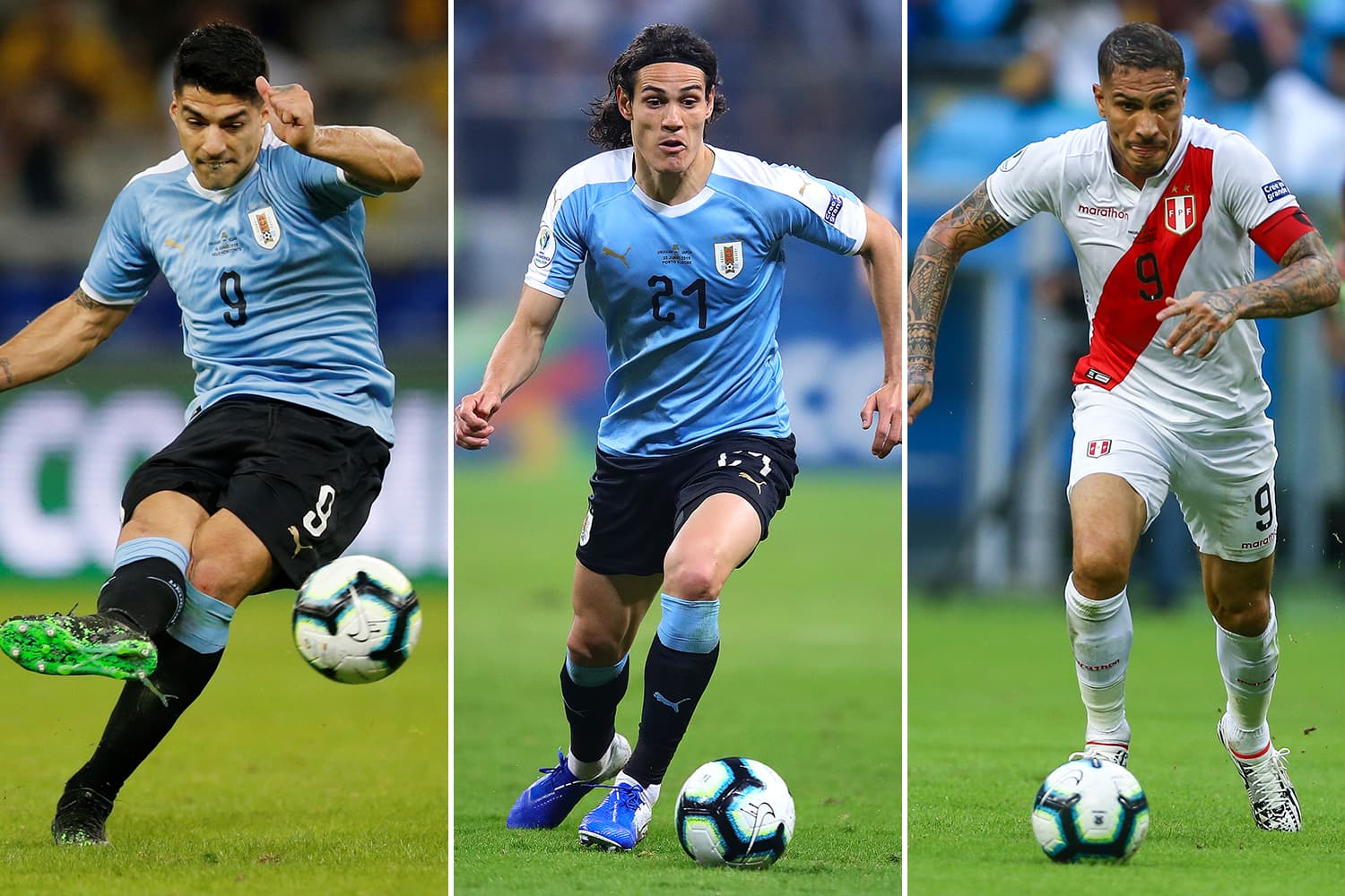 Luis Suárez, Edison Cavani e Paolo Guerrero, jogadores do Uruguai e do Peru