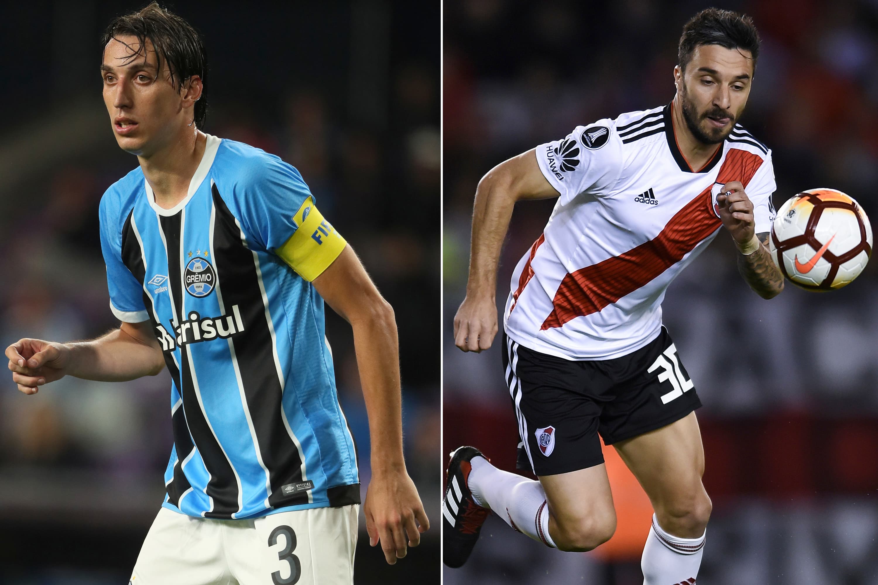 Os jogadores de Grêmio e River Plate, Pedro Geromel e Ignacio Scocco