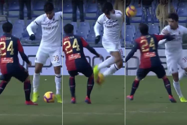 Lucas Paquetá, jogador do Milan, aplica uma carretilha em Daniel Bessa, do Genoa