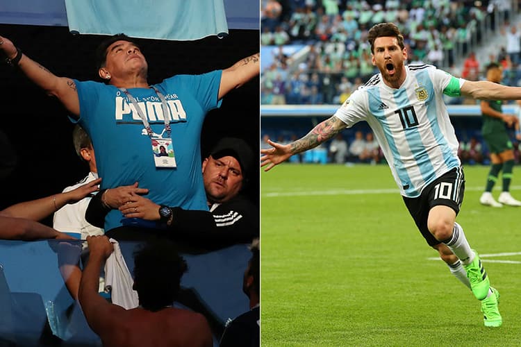 Diego Maradone e Lionel Messi, durante partida entre Argentina e Nigéria, válida pelo grupo D da Copa do Mundo - 26/06/2018