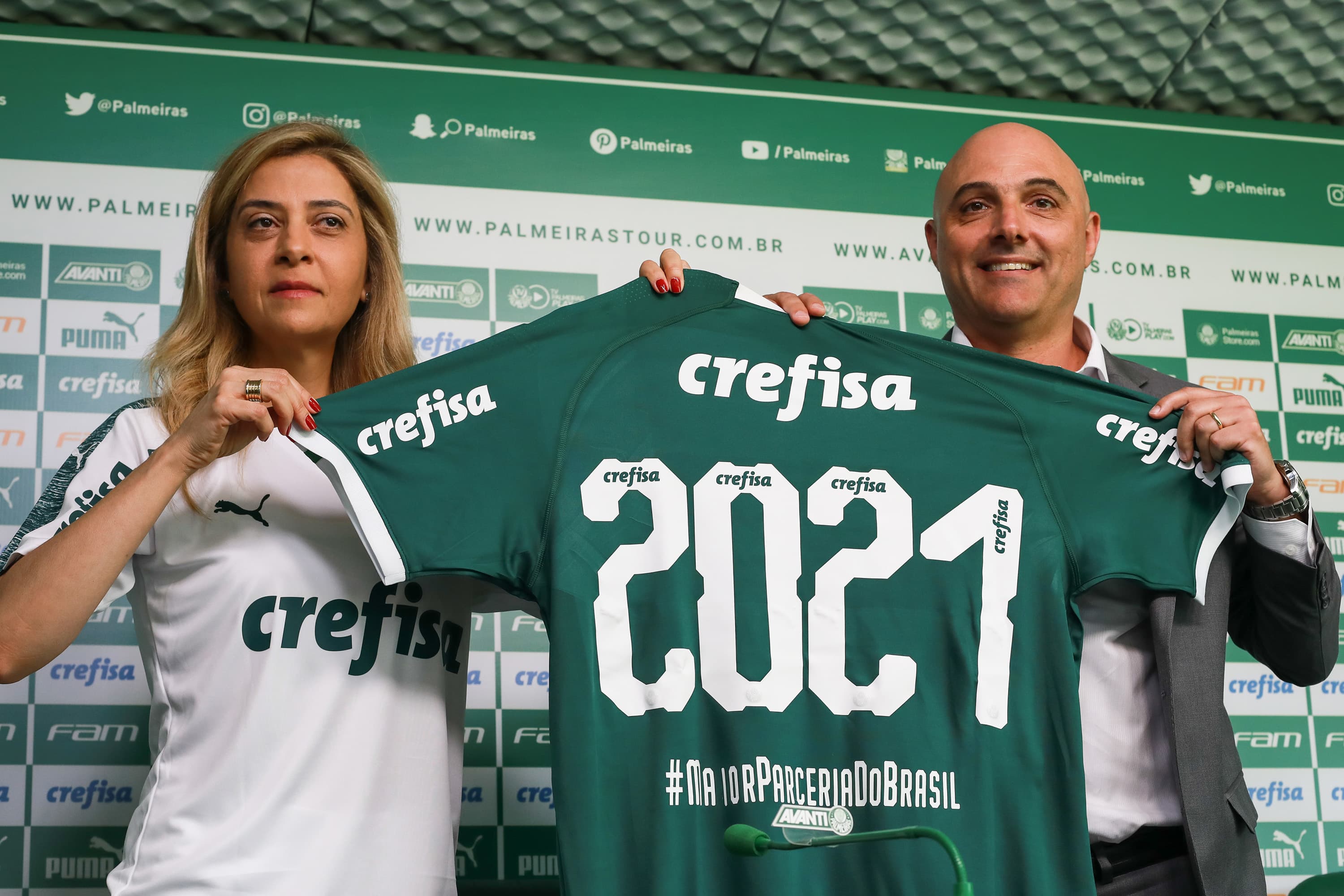 Coletiva de imprensa do presidente do Palmeiras Maurício Galiotte e a presidente da Crefisa Leila Pereira sobre a renovação do patrocínio do time – 23/01/2019
