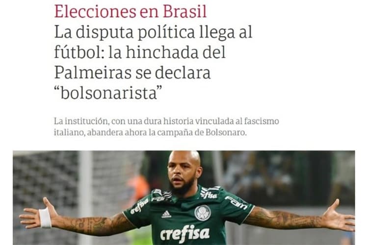 O jornal argentino “Clarin” publica matéria sobre eleições no Brasil dizendo que Palmeiras apoia a candidatura de Jair Bolsonaro
