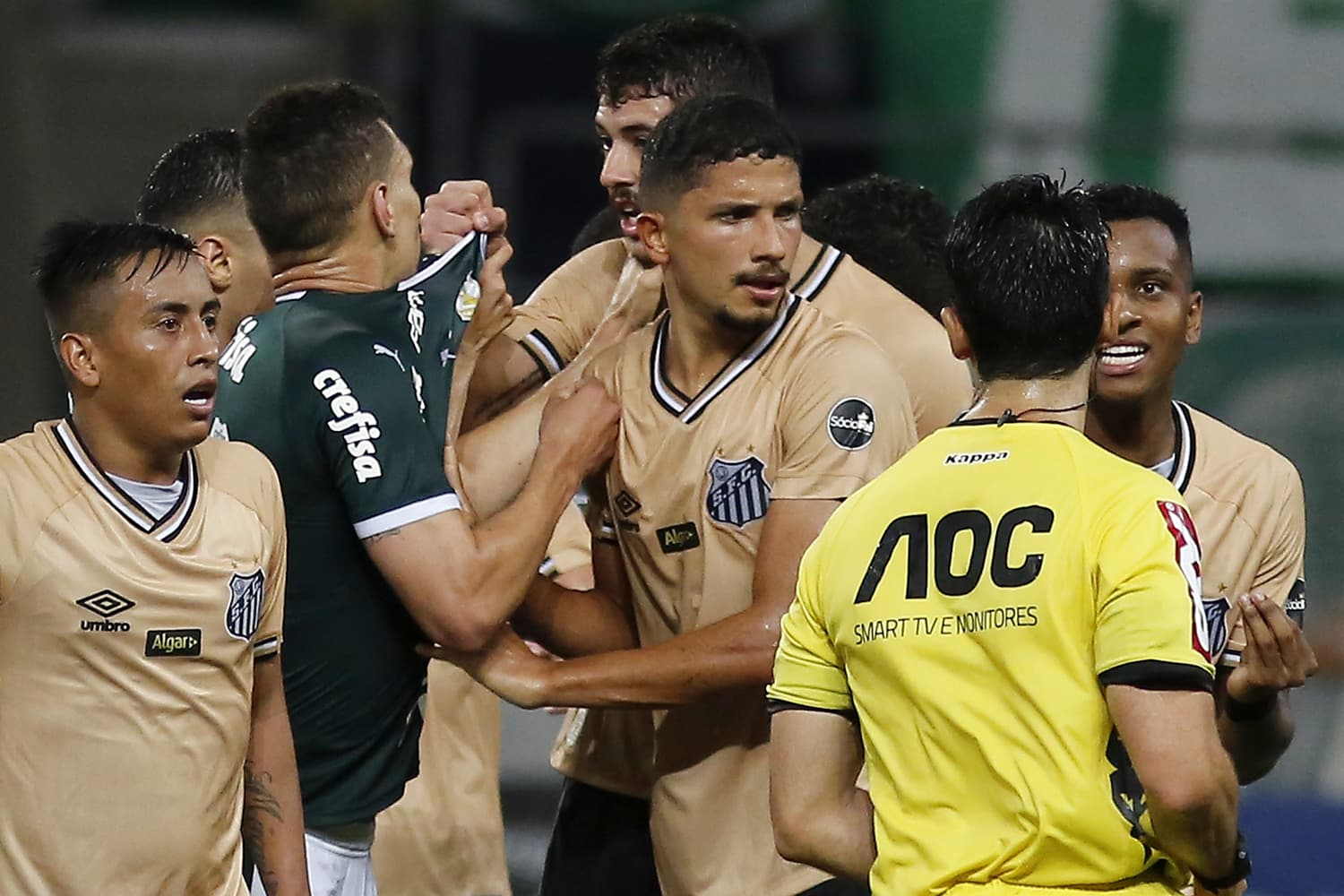 Moisés e Gustavo Henrique têm um desentendimento durante a partida entre Santos e Palmeias, válida pela 8ª rodada do Campeonato Paulista, no estádio Allianz Parque – 23/02/2019