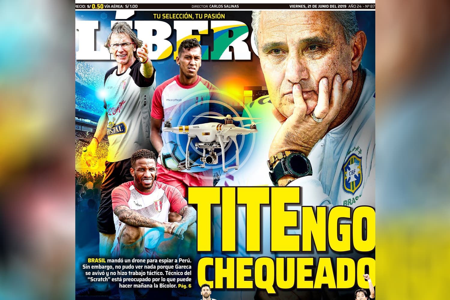 Jornal peruano ‘Líbero’ acusa o técnico Tite de espionar treino da seleção peruana com drone