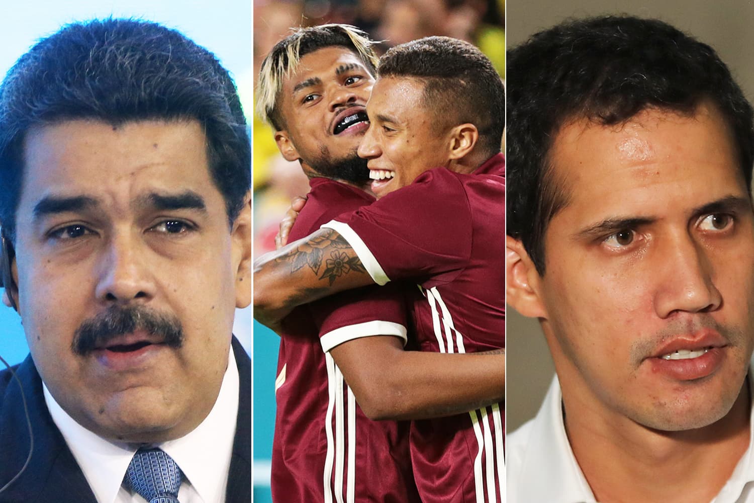 Nicolás Maduro (esq), presidente da Venezuela , Darwin Machis e Josef Martinez comemorando gol pela seleção veneuzuelana (centro) e  e Juan Guaidó (dir), autoproclamado presidente interino do país