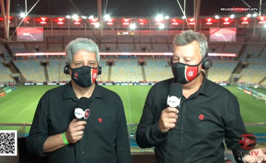 Os comentaristas Alexandre Tavares e Raul Plassmann, da FlaTV