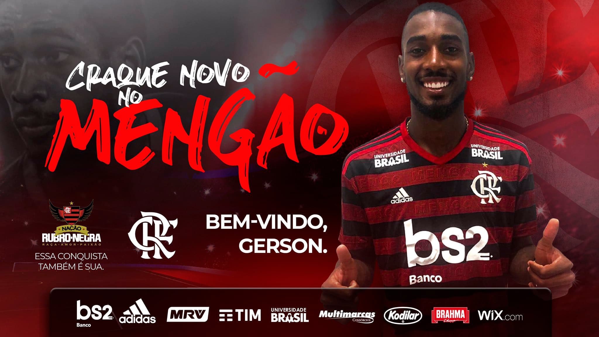 Flamengo anunciou a contratação de Gerson pelas redes sociais do clube