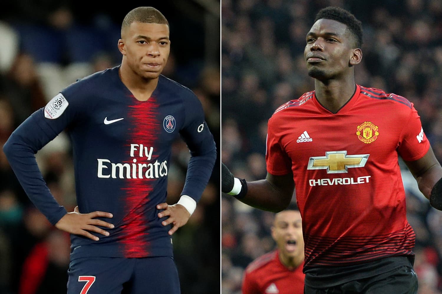 Os jogadores Kylian Mbappé, do Paris Saint-German, e Paul Pogba, do Manchester United