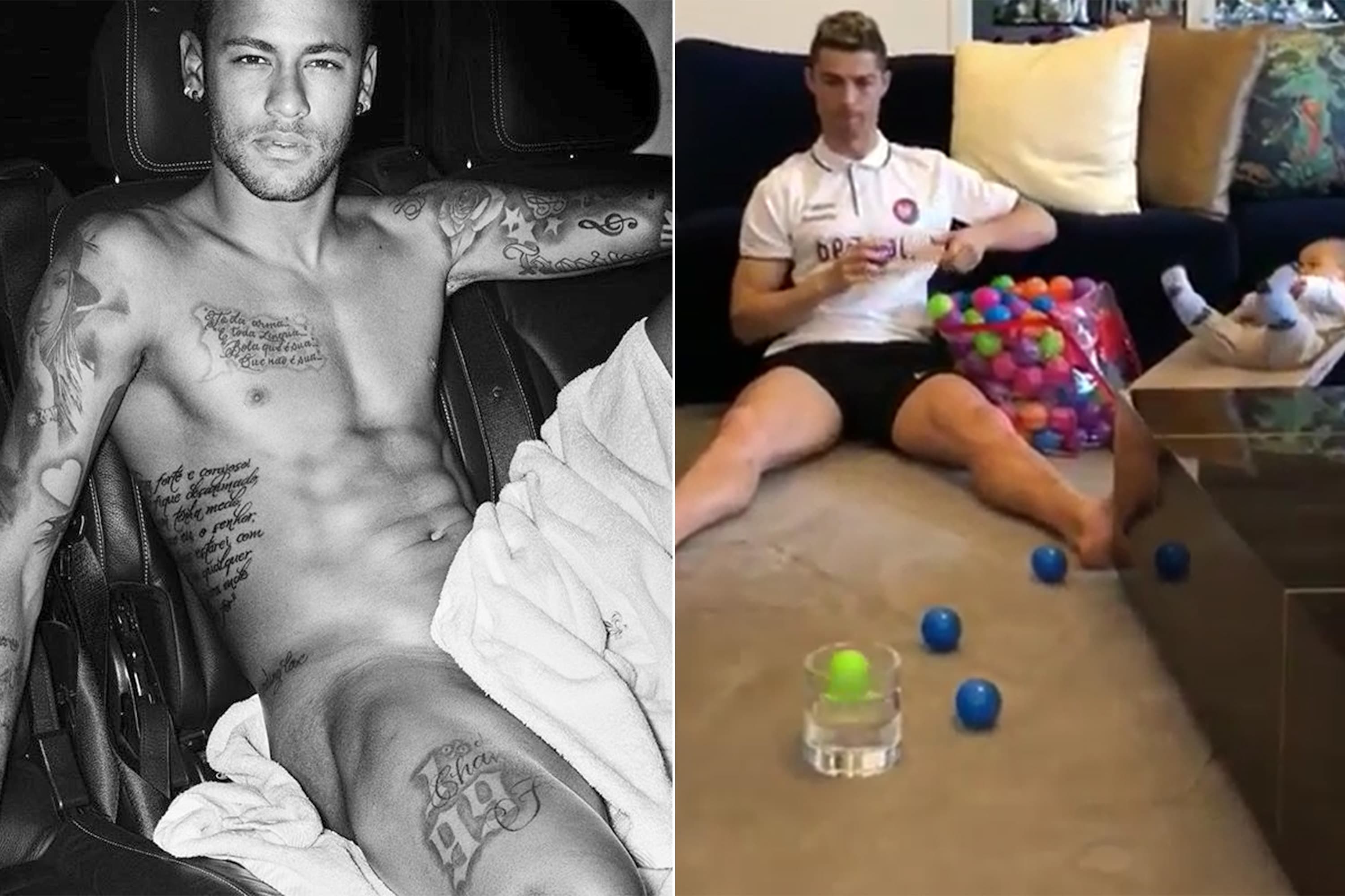 Na véspera da decisão na Liga dos Campeões Neymar posa para Mario Testino só de toalha e Cristiano Ronaldo brinca com os filhos