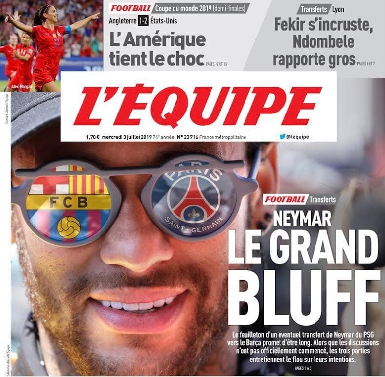 Atacante Neymar é capa do jornal francês L’Equipe – 03/07/2019