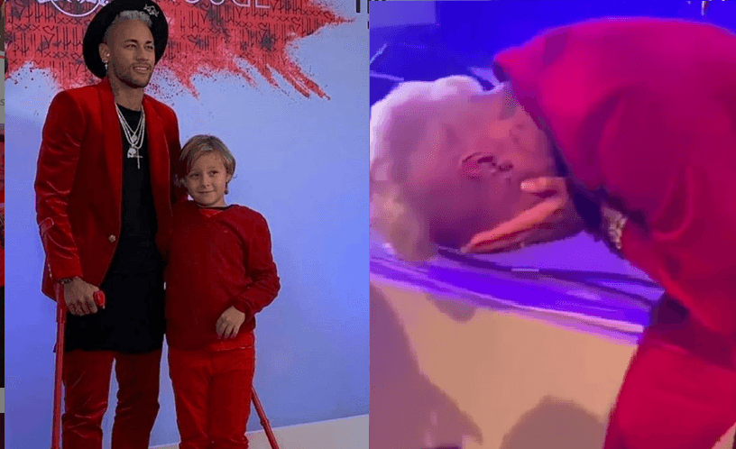 Neymar em dois momentos da festa: posando para foto com o filho Davi Lucca e emocionado quando surpreendido por homenagem da cantora Marília Mendonça
