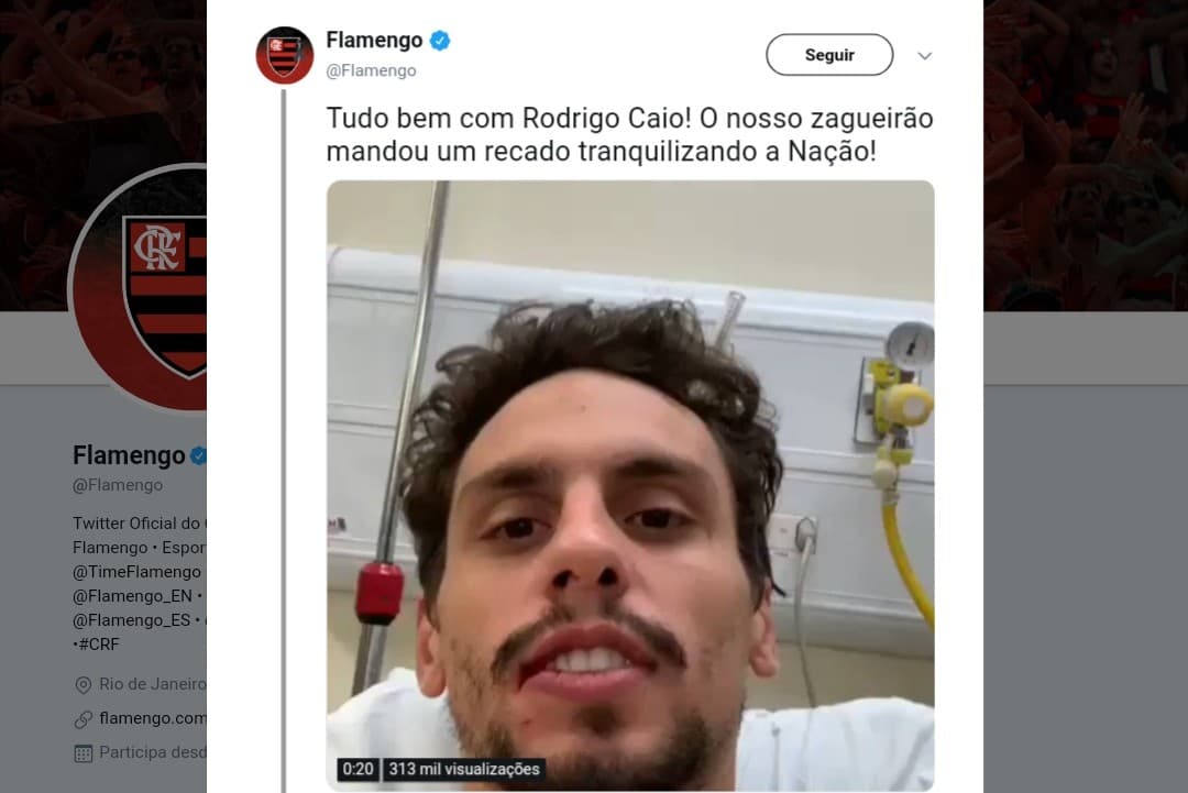 Flamengo posta vídeo de Rodrigo Caio no hospital após choque que deixou o zagueiro desacordado na partida contra o Cruzeiro