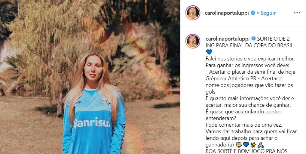 Antes do segundo jogo da semifinal da Copa do Brasil entre Athletico-PR e Grêmio, Carol Portaluppi fez sorteio de ingressos no Instagram. O problema é que o time dirigido pelo pai, Renato Gaúcho, acabou eliminado