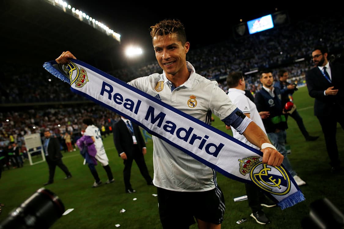Cristiano Ronaldo, do Real Madrid, comemora títutlo do Campeonato Espanhol após vencer partida contra o Malago
