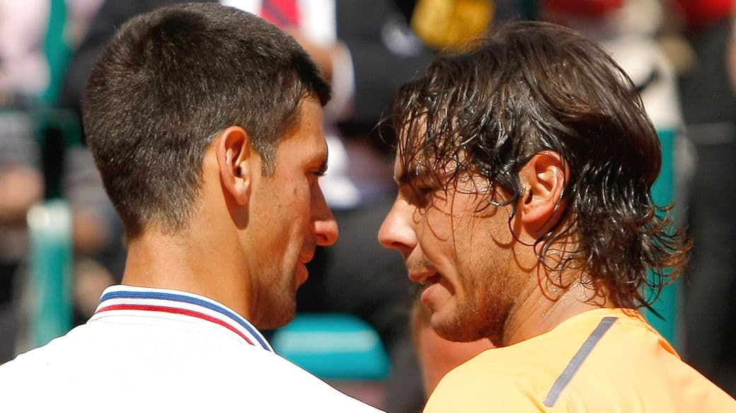 Novak Djokovic (à esq.) e Rafael Nadal, na final do Masters 1000 de Monte Carlo de 2013, em uma das seis partidas em se enfrentaram no ano