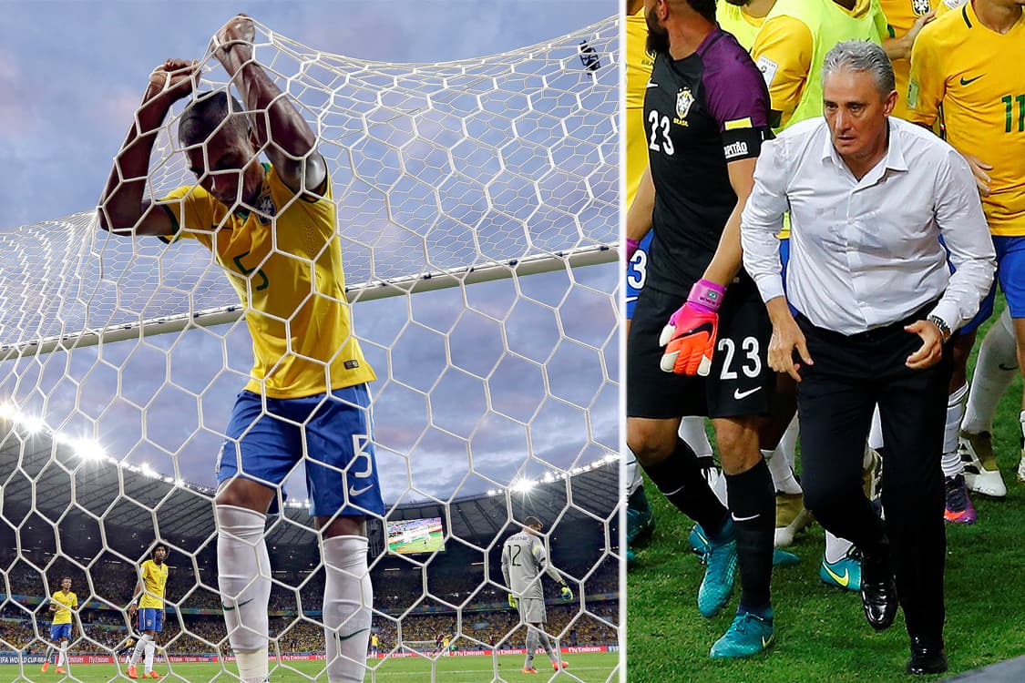 Fernandinho durante jogo contra Alemanha na Copa do Mundo de 2014 e Tite, durante jogo contra Argentina, válido pelo qualificatório da Copa do Mundo, em Belo Horizonte