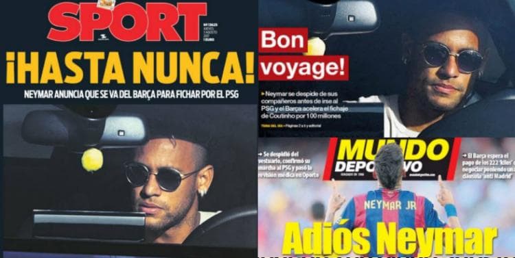 Capas de jornais da Catalunha destacam a ida de Neymar ao PSG