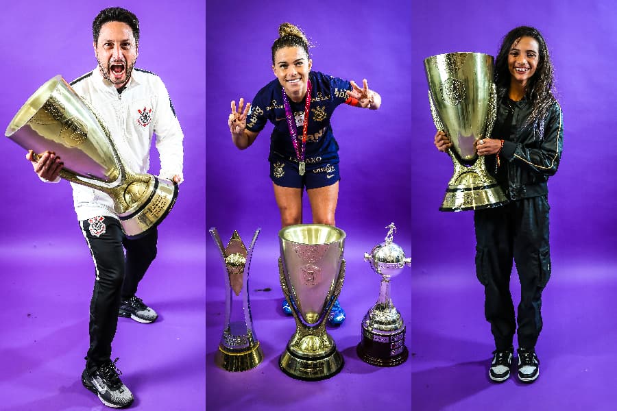 Arthur Elias, Tamires e a skatista Rayssa Leal com as taças do Corinthians