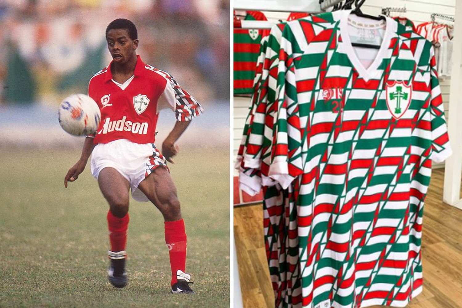 Dener em 1991 e o modelo com inspiração no craque lançado pela Lusa neste ano -
