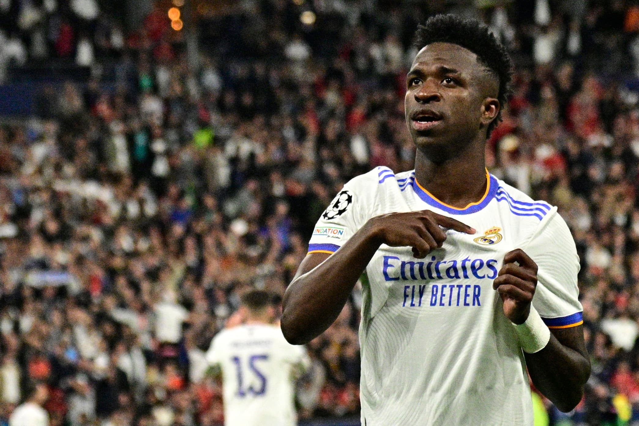 Vinícius Júnior comemora gol do Real Madrid na final da Liga dos Campeões contra o Liverpool -