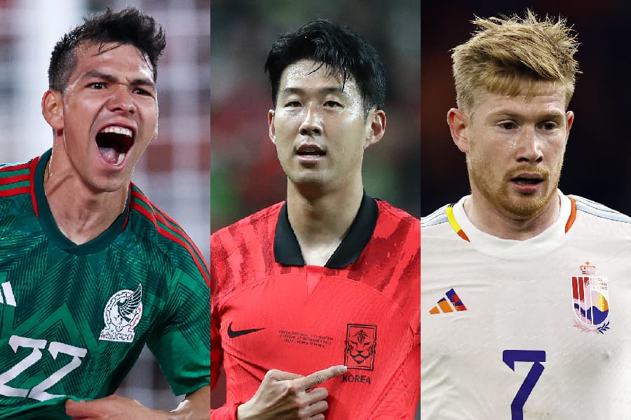 Lozano, Son e De Bruyne, com as camisas novas de suas seleções