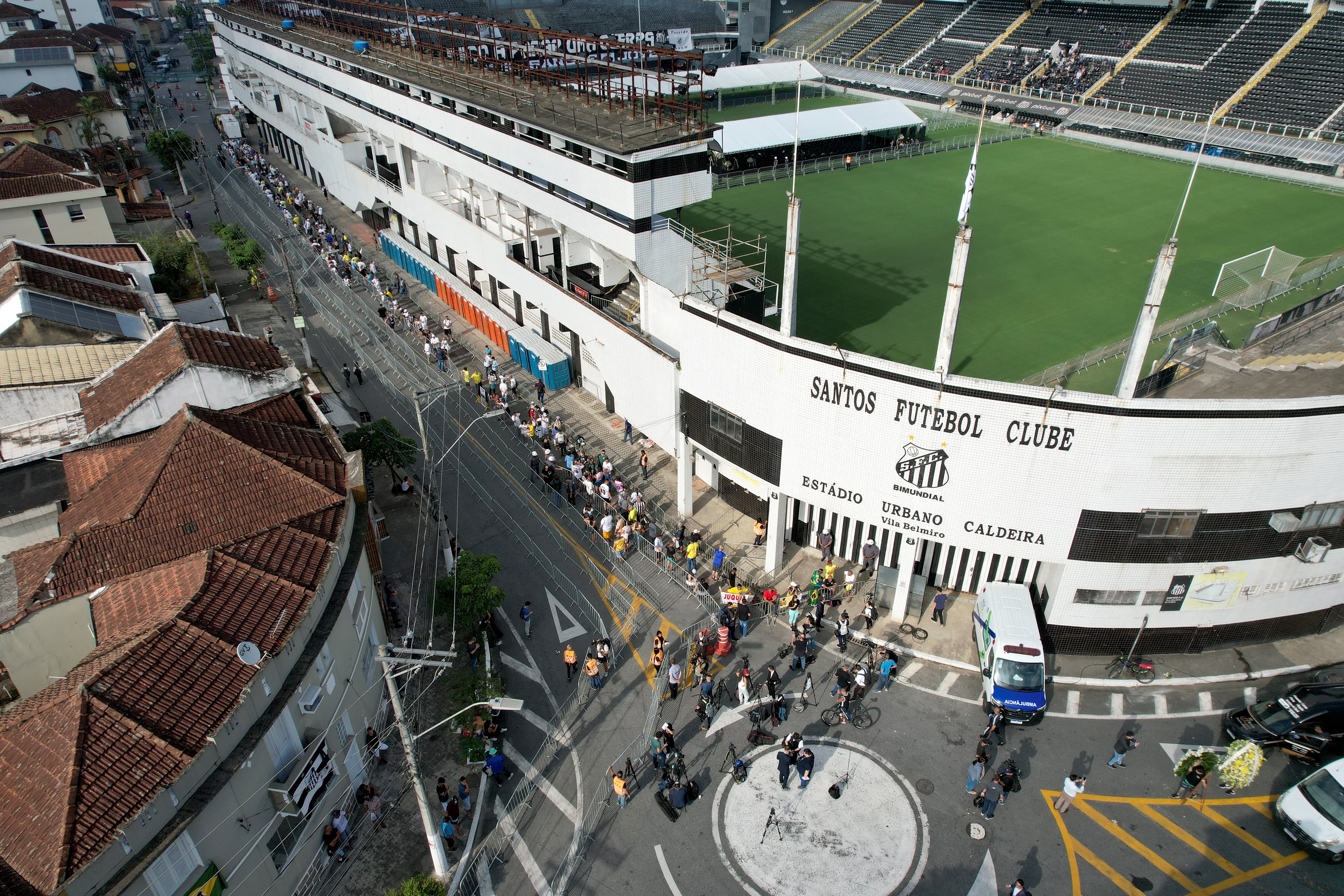 SANTOS, BRAZIL - JANUARY 02: Aerial view of the Urbano Caldeira Stadium ahead of football legend Pele's funeral, which begins later this morning at the stadium on January 02, 2023 in Santos, Brazil. Brazilian football icon Edson Arantes do Nascimento, better known as Pele, died on December 29, 2022 aged 82 after a battle with cancer in Sao Paulo, Brazil. The three-time World Cup champion with Brazil is considered one of the greatest football legends of all time. (Photo by Wagner Meier/Getty Images)