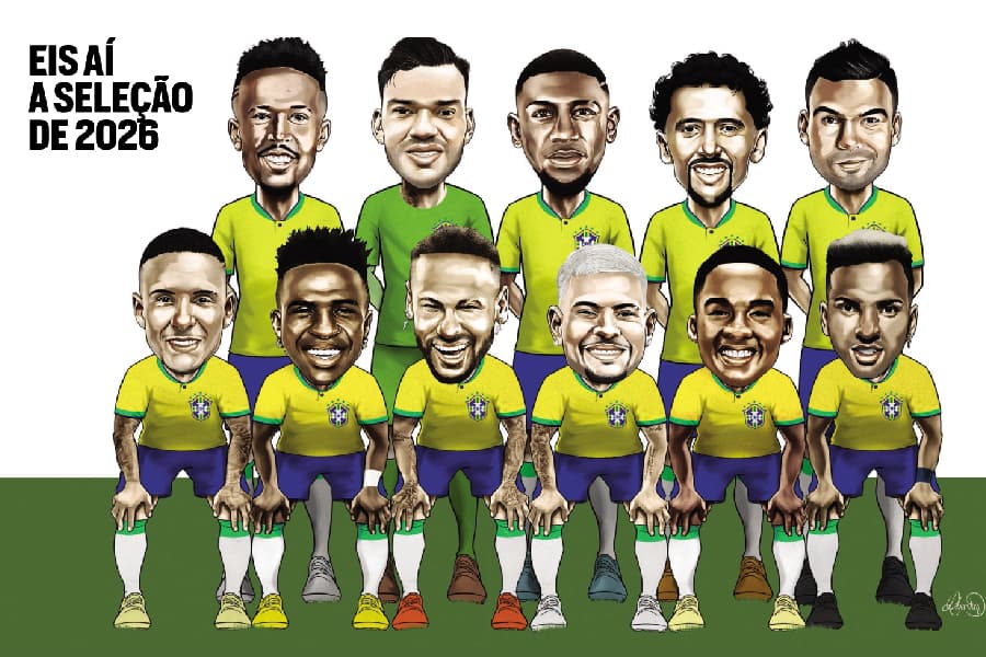 Militão, Ederson, Royal, Marquinhos e Casemiro (em pé); Arana, Vini Jr., Neymar, Bruno Guimarães, Endrick e Rodrygo (agachados)