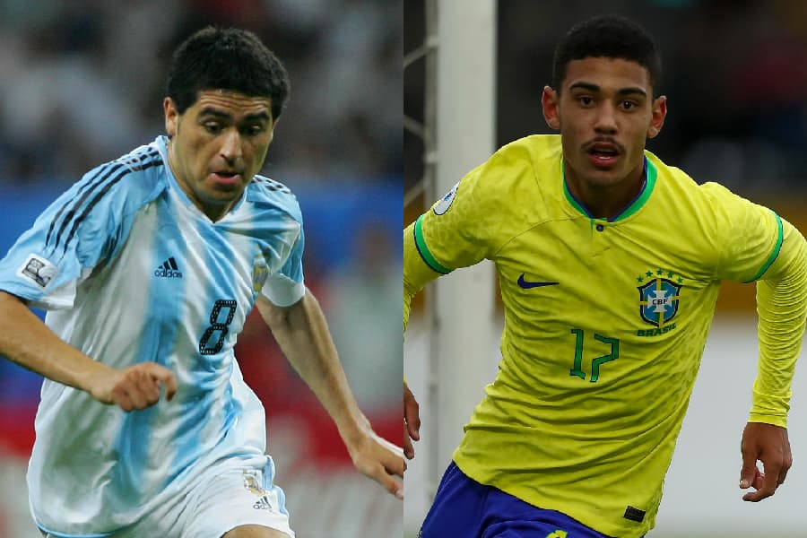 O Riquelme argentino, o original, em 2005, e o brasileiro, destaque sub-17