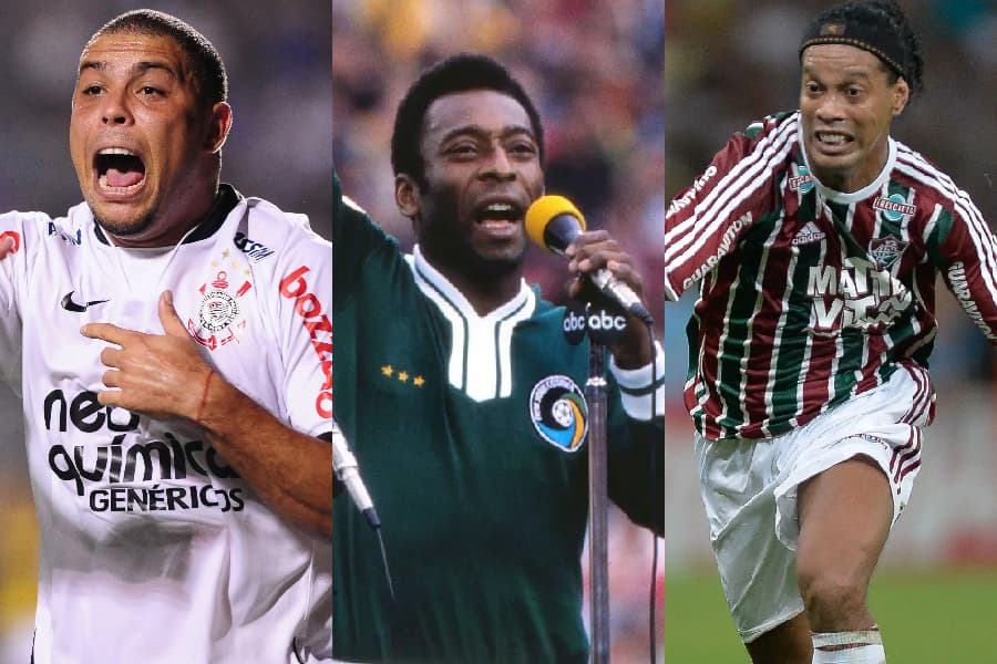 Ronaldo, pelo Corinthians, Pelé pelo Cosmos, e Ronaldinho no Fluminense